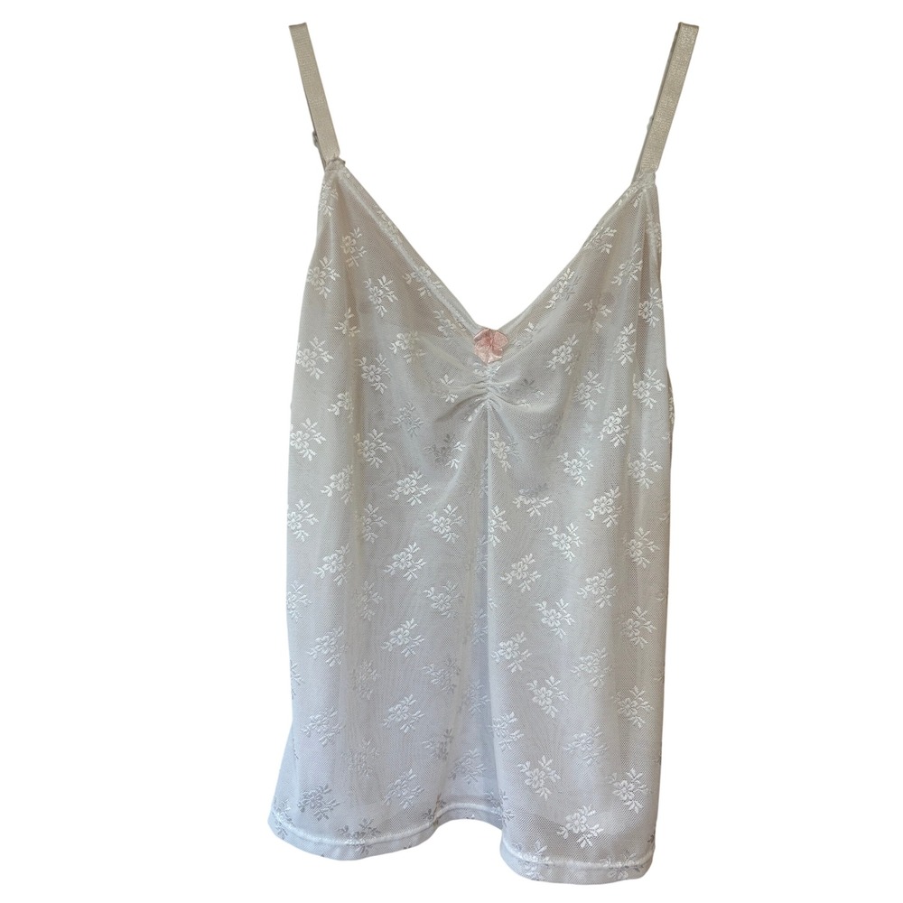 Vintage White Floral Mesh Camisole Sheer Embroidered Rosette Tank Top